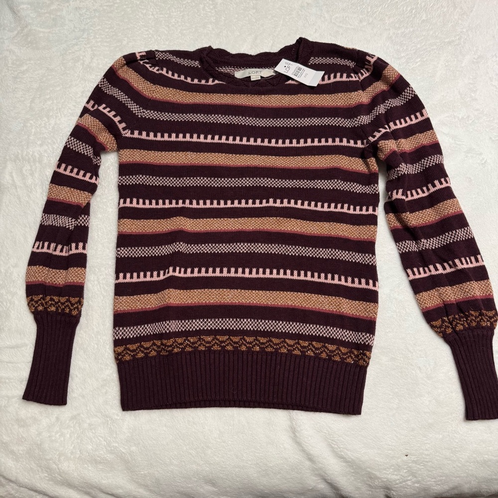 NWT LOFT Striped Sweater in Burgundy and Metallic